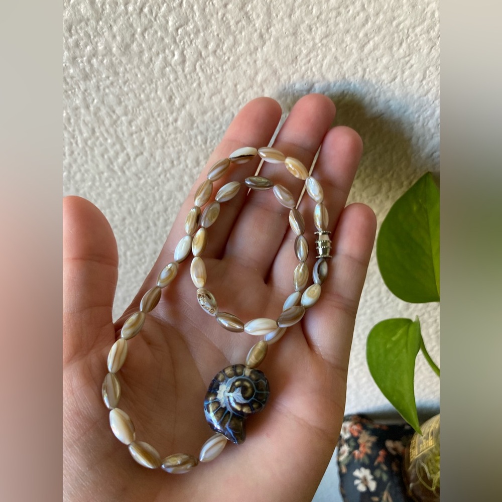 Handmade Shell Bead Necklace with Nautical Spiral Pendant